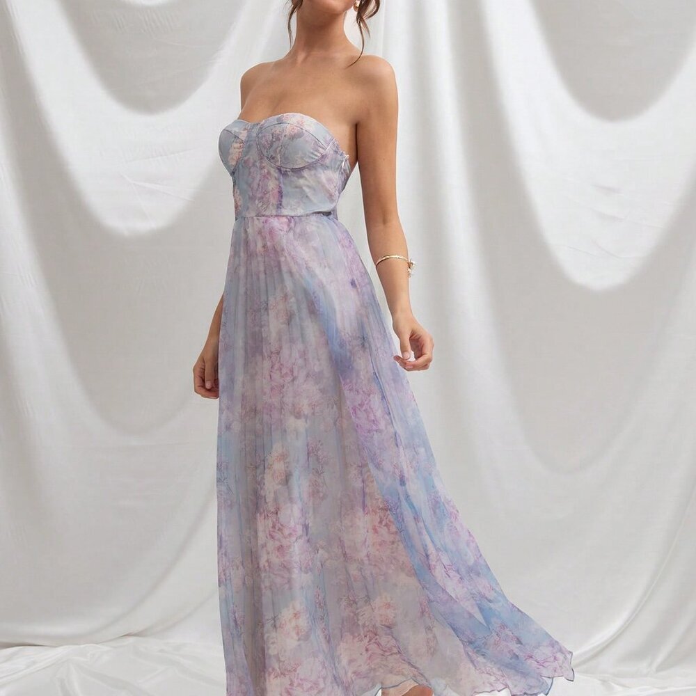 Blue Romantic Floral Women's Maxi Tube Dress - Picture 5 of 5
